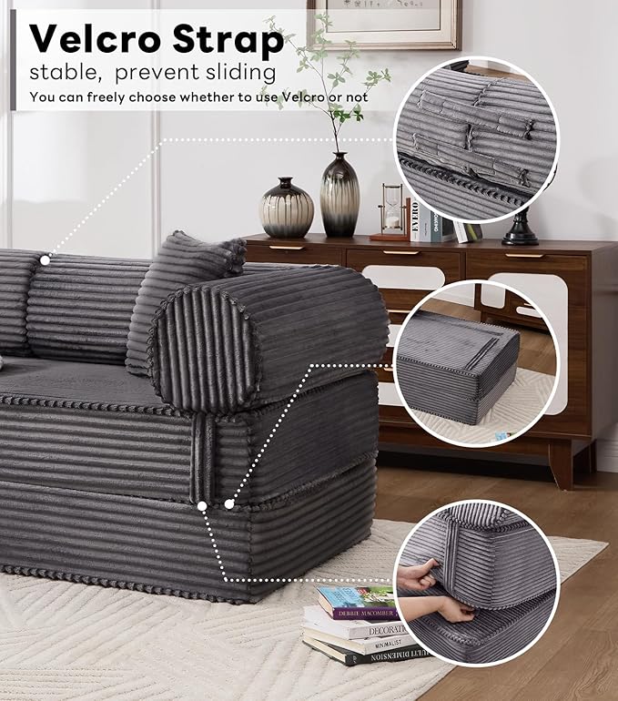 Tbfit 79'' Folding Boneless Couch Oversized Corduroy Convertible Sofa Bed Futon Mattress Sleeper Sofa Comfy Foldable Upholstered Floor Couches for Living Room Gray