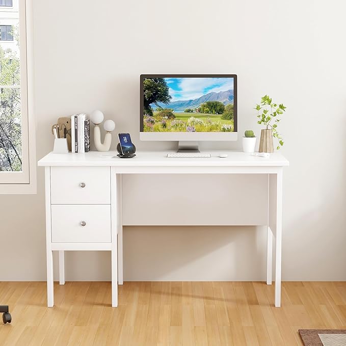 BHG Computer Desk with DrawersModern White Home Office Desk with Storage Filing Cabinet Vanity Desk Makeup Dressing Table for BedroomSmall Writing Table PC Desks for Study(White 43.3)