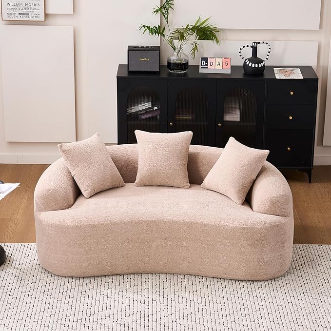 65 Curved Loveseat Sectional Sofa for Living Room Modern Plush Chenille Cloud Round Deep Seat Compressed Boneless Couch with 3 Throw Pillows for Small Apartment No Assembly Needed Apricot Cream