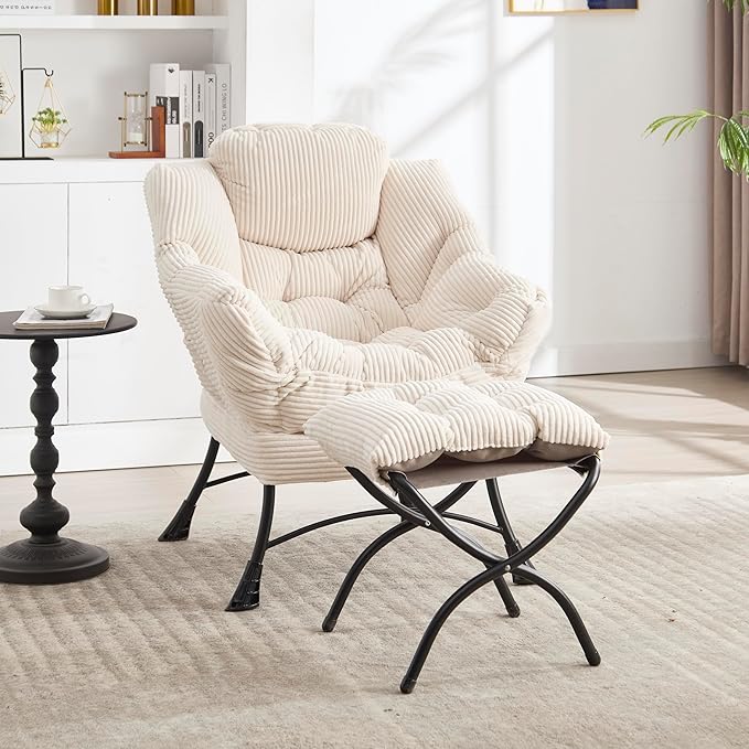 31.5 Lazy Chair1 OttomanLeisure Upholstered Sofa ChairModern Reading ChairLounge Accent Chair with Side Pocket for Small ApartmentLiving RoomBedroomOfficeWhite