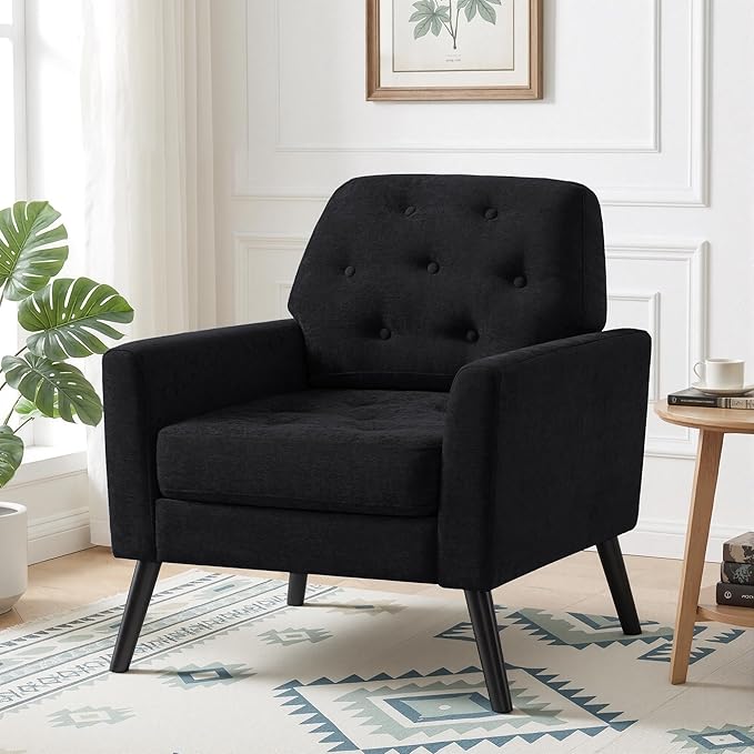 Accent Chair Set of 2 Mid Century Modern Living Room Chairs Upholstered Armchair with Tufted Back &amp Wood Legs Single Sofa Reading Side Chair for Bedroom Office Waiting Room Black