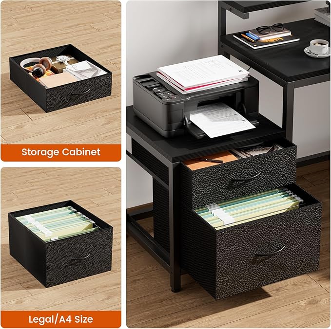 REAHOME 70 Inch L Shaped Desk with File Drawers and Reversible Storage Shelves Computer Desk with Power Outlet &amp LED Strip Home Office Desks Writing Study Desk for Bedroom Carbon Fiber Black