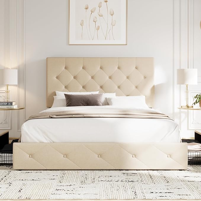 Allewie Upholstered Full Size Platform Bed Frame with 4 Storage Drawers and Headboard Diamond Stitched Button Tufted Mattress Foundation with Wooden Slats Support No Box Spring Needed Beige