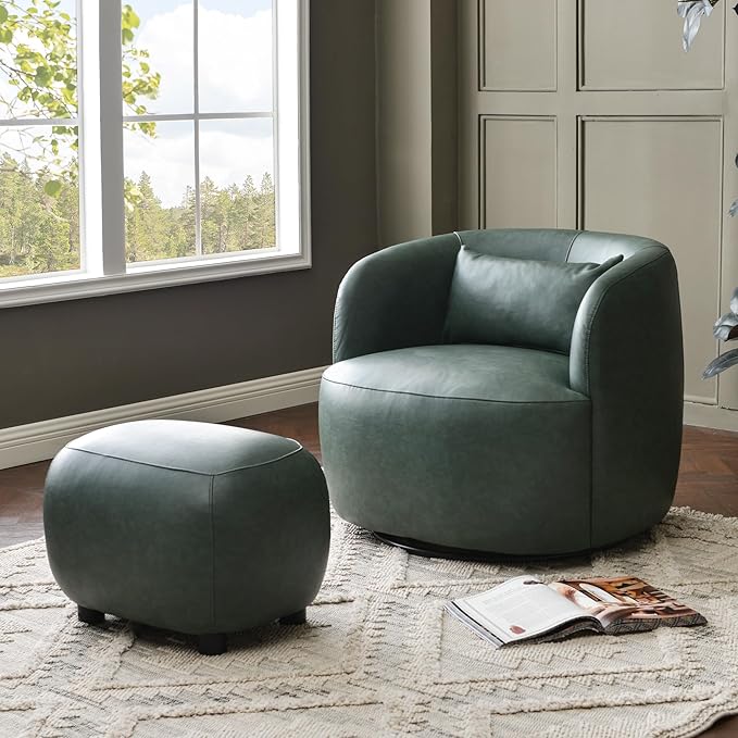 KINWELL Swivel Faux Leather Armchair with Ottoman Set No Assembly 34”W PU Leather Accent Chair &amp 23 Small Footrest for Living Room Lounge Green