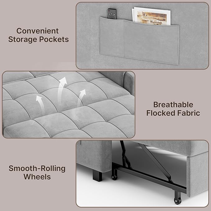 Gizoon Convertible Sofa Bed 3-in-1 Pull Out Couch 5-Position Adjustable Backrest &amp Side Pockets Modern Small Loveseat Sleeper Sofa for Living Room Apartment Dorm Studio Guest Room Light Gr