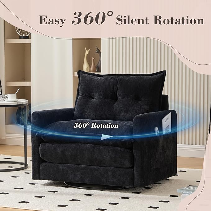Swivel Accent Chairs for Living Room 36.2 Comfy Swivel Chair with Solid Metal Base Single Sofa with Pillows &amp Side Pockets (Black)
