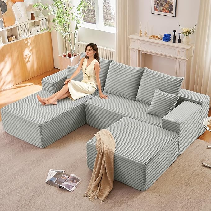 107 Modular Sectional Sofa with Ottoman Modern Corduroy Cloud Couch with Deep Seat Boneless Couch Upholstered 3-Seater U-Shaped Sofa for Living Room No Assembly (Grey Left-Facing Chaise)