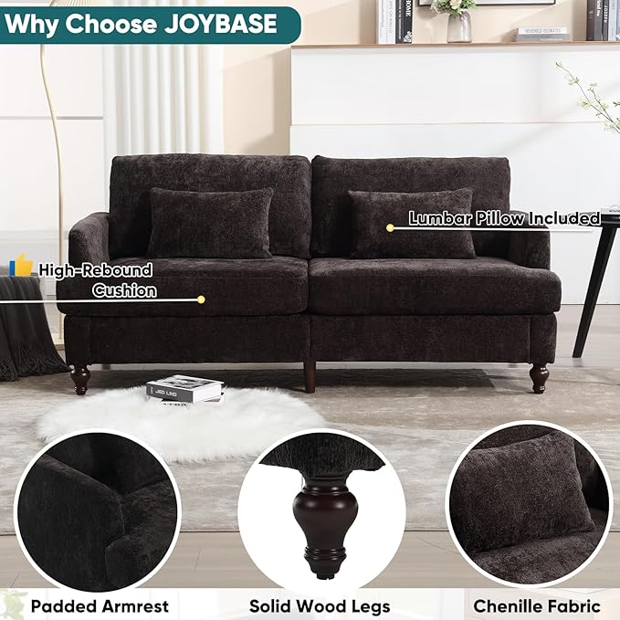 JOYBASE 70 inch Loveseat Sofa Mid-Century Modern Love Seat Couch with Wood Legs Upholstered Comfy Sofa for Living Room Apartment Office Bedroom (Black Chenille)