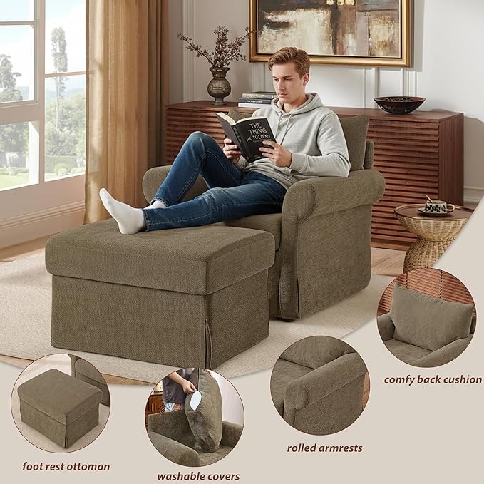 Modern Accent Chairs with Ottoman Set Comfy Chenille Reading Armchair with Rolled Arms and Cushion Backrest 35.8 W Chaise Lounge Chair for Living Room Bedroom Study Apartment Brown