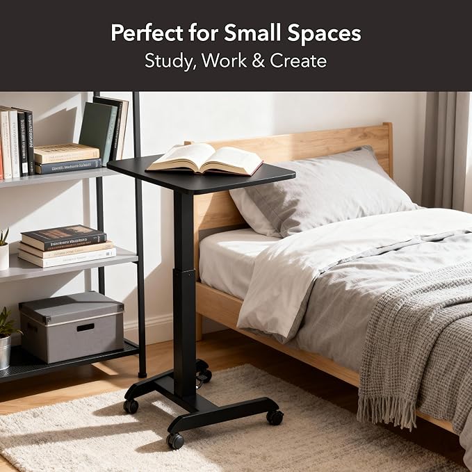 Mount-It! Rolling Laptop Desk Adjustable Height (29.6”-44.2”) Mobile Workstation Cart with 23.6” x 20.5” Desktop Small Sit-Stand Desk for Home Office or Classroom in Black