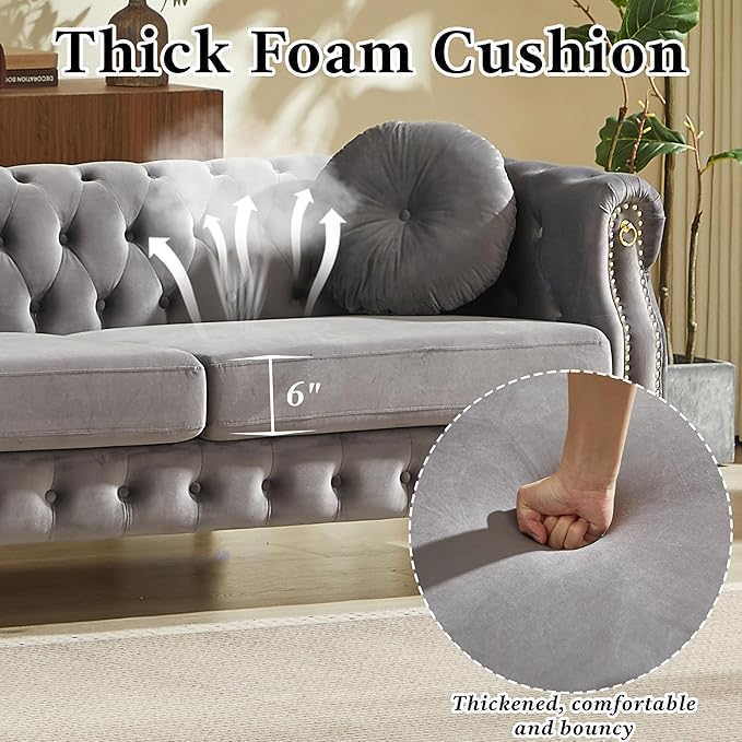 37 Velvet Chesterfield Single Sofa Sets with Two Pillows Featuring Copper Stud Detailing (Grey 37 Single Sofa)