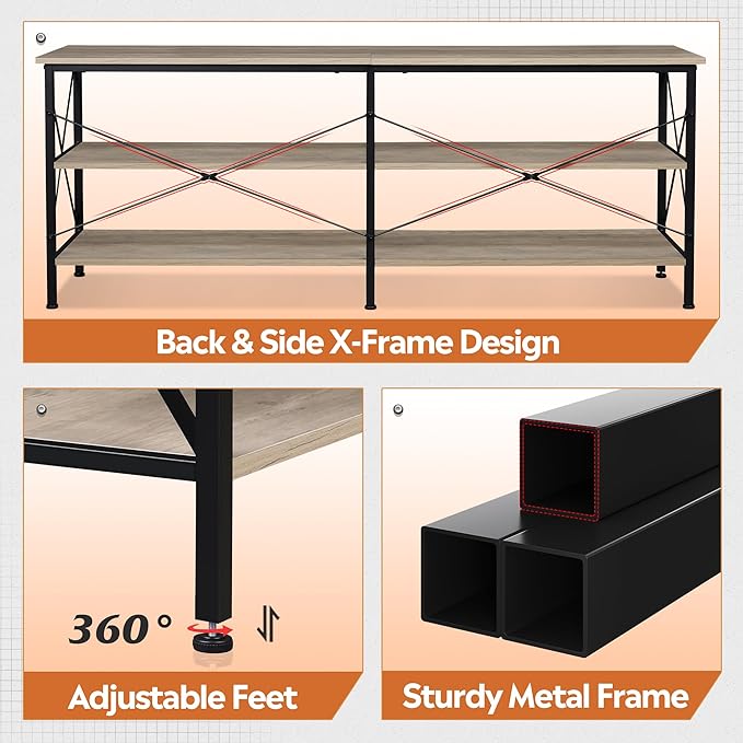 WLIVE TV Stand up to 70 Inch TV 63 Entertainment Center with LED TV Media Console with 3-Tier Storage Shelves for Living Room and Bedroom Greige