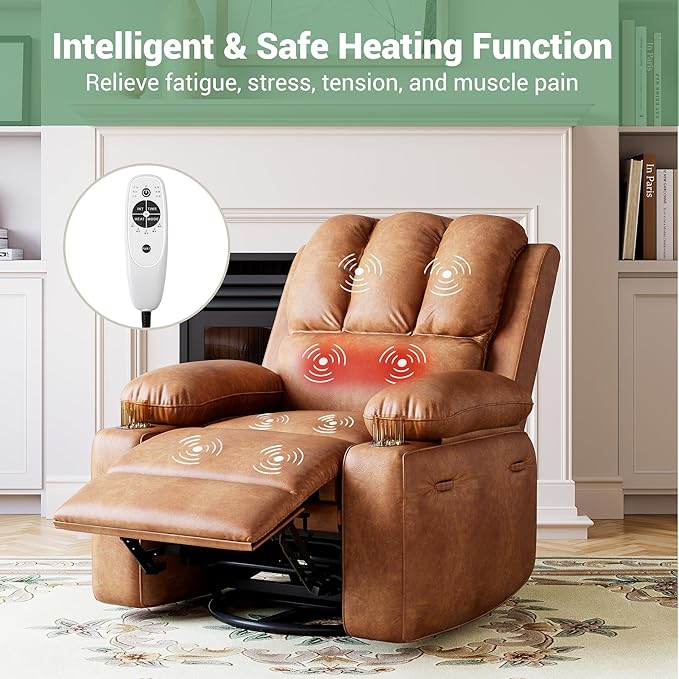 22 Wide Electric Recliner Chair for Adults Swivel Rocking Recliner with Massage &amp Heat PU Leather Lounge Chair with Remote and Cup Holders for Living Room Nursery Two-Tone Vintage