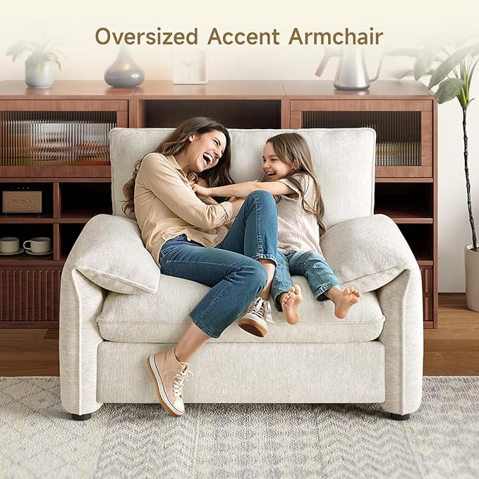 ONBRILL Oversized Accent Chair 41 Inch Chenille Fabric Armchair Comfy Single Sofa Chair with Padded Arms Pocket Spring Cushion Modern Reading Chair for Living Room Bedroom Beige