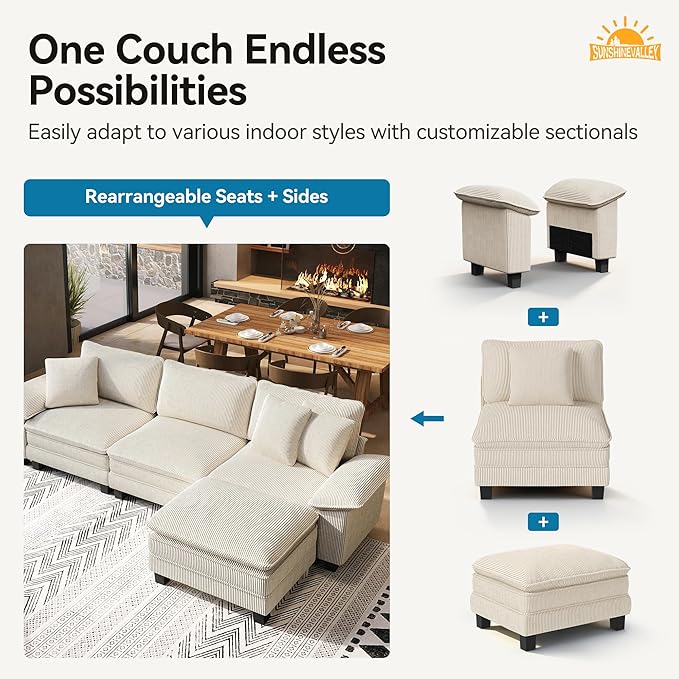 U Shaped Modular Cloud Couch 123.6'' Comfy Corduroy Sectional Sofa with Wider Armrest and Ottoman Upholstered 5-Seat Modern Deep Seat for Bedroom Living Room Beige