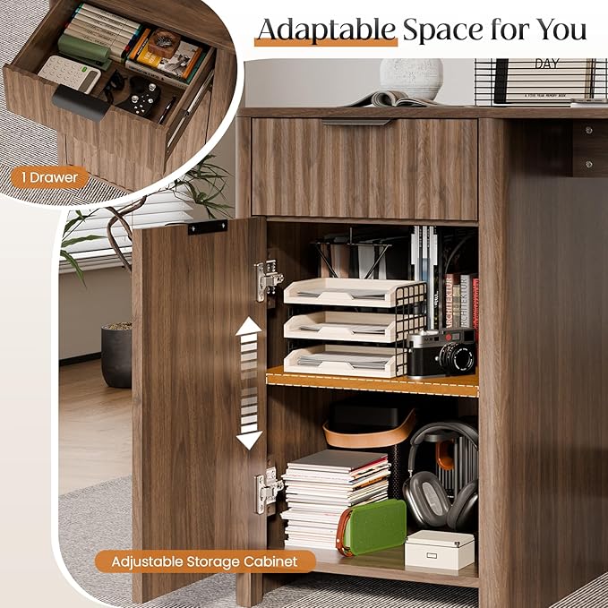 60 Fluted Home Office Desks with Storage Modern Executive Desk Computer Desk with Drawer &amp Cabinet Wood Work Desk for Office Bedroom Study Living Room Walnut