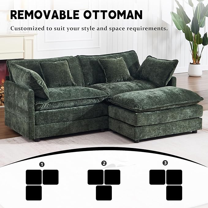 GNIXUU 76.7 Green L Shaped Cloud Couch Modern Chenille Modular 2 Seater Loveseat Sofa with Movable Ottoman Deep Seat Sectional Couch with Pillows for Small Place Living Room Apartment Office