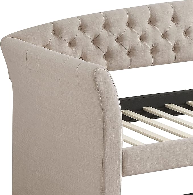 Rosevera Adrie Upholstered Twin Daybed with Tufted Button Daybed with Trundle Sofa for Living Room Bedroom Guest Room Beige Velvet