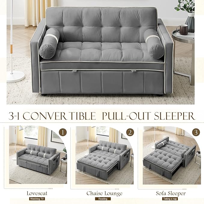 Pull Out Sofa Bed 55.5 Loveseat Sleeper Sofa Bed with Side Pocket Storage Adjustable Backrest and Waist Pillow Suitable for Small Space Living Room Bedroom Office(Grey)