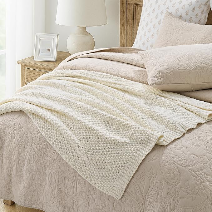 EVERGRACEHOME Chunky Chenille Knit Throw Blanket for Couch Soft Luxurious Moss Stitch Blankets for Bed Cozy Decorative Farmhouse Knitted Throws for Sofa Ivory White 60 x 80