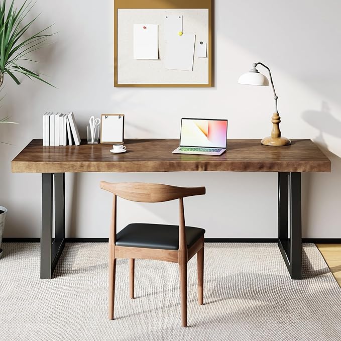 Solid Wood Desk 55 inches Home Office Computer Desk Wooden Rustic Writing Desk Metal Modern Simple Design Executive Real Wood Desk(Dark Brown)
