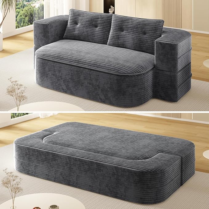 80 Convertible Folding Sofa Bed with Multi Functional BlanketKing Size Folding Mattress Sleeper Cloud Floor CouchCorduroy Boneless Sectional Couches for Living Room Bedroom (Dark Grey)