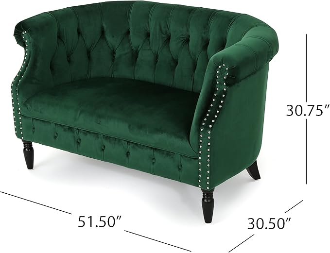 GDFStudio Melaina Tufted Chesterfield Velvet Loveseat with Scrolled Arms Emerald and Dark Brown.