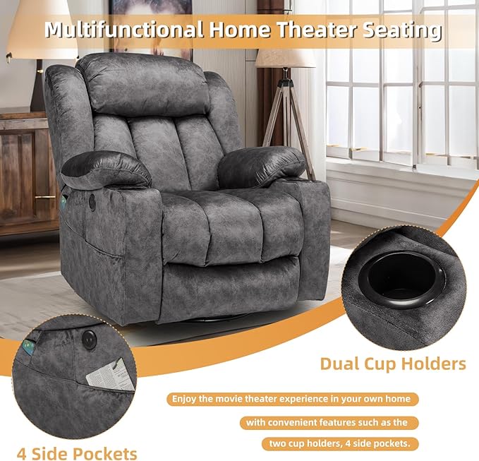 360° Swivel Glider Rocking Recliner Chair Overstuffed Manual Massage Recliner with Heat and Vibration Single Modern Sofa Home Seating for Living Room USB Ports/Cup Holders (Plush-Grey)
