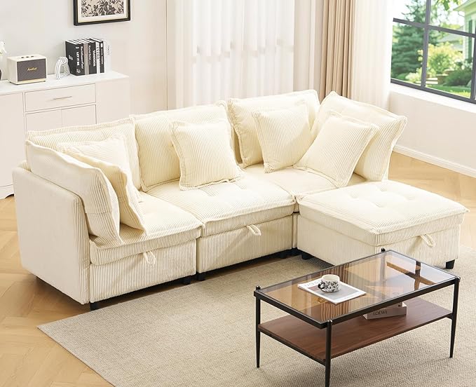 Modular Sectional Sofa 102.5 L-Shaped Cloud Couch with Storage 4-Seater Deep Seat Couch with Tufted Cushions &amp Removable Pillows Comfy Corduroy Couches for Living Room Beige | Modern couch