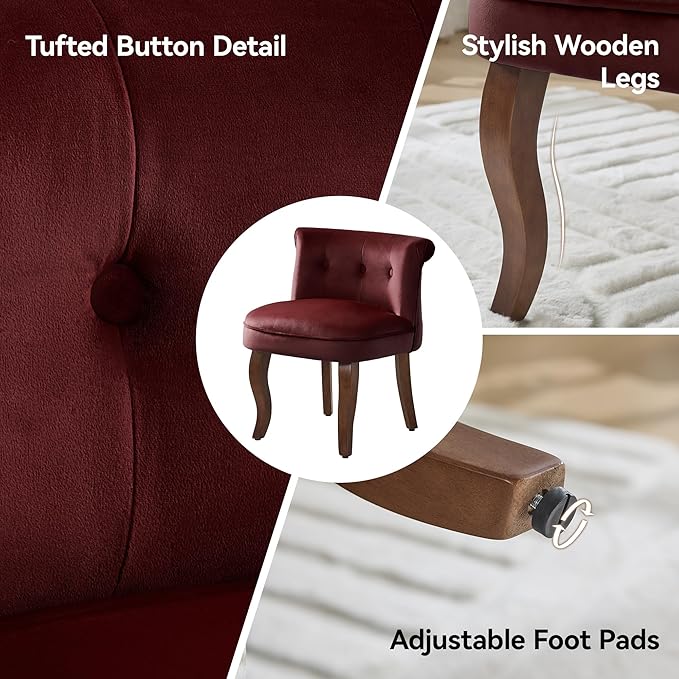 Velvet Vanity Chair with Solid Wood Legs Tufted Upholstered Vanity Stool with Back Mid Century Small Makeup Accent Chair for Bedroom Living Room Burgundy