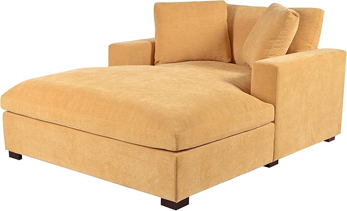 Christopher Knight Home Larrz Oversized Chaise Lounge Chair Indoor Cozy Upholstered Sleeper Sofa Couch Durable Wood Frame Deep Seat Reading Chair with 2 Throw Pillows and Armrests Yellow