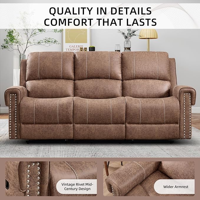 EBELLO Manual Reclining Sofa for Living Room Faux Leather 3 Seater Overstuffed Reclining Couch Chair Vintage Rivet Mid-Century Modern Design Furniture for Living Room Meeting Room Brown