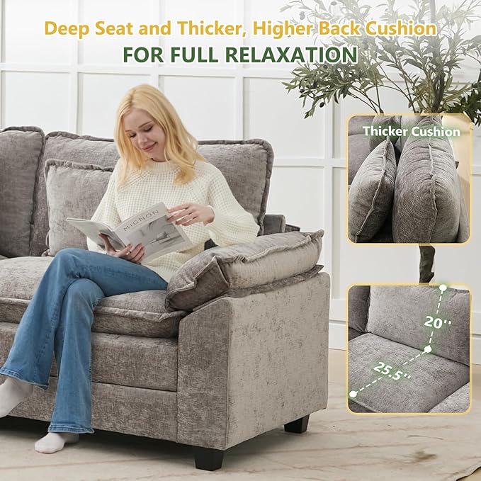 120 L Shaped Couch Modular Sectional Sofa Cloud Couch with Movable Ottoman Modern Chenille Deep Seat Sleeper Sofa with Throw Pillows for Living Room and Apartment (Grey 4-Seat)