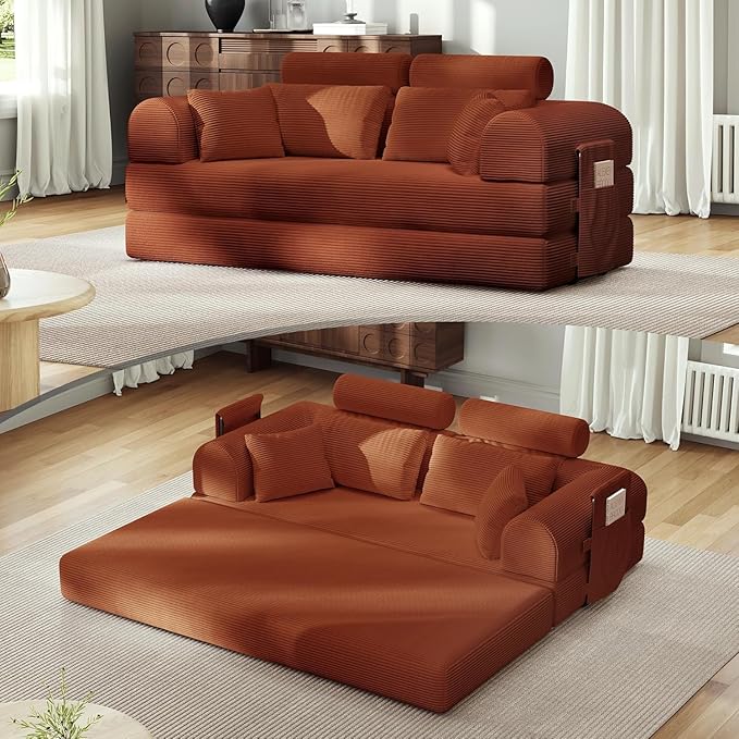 79'' Upgrade High Backrest Sofa Bed with Fixed Frame Removable Armrests &amp Backrest Corduroy Fabric Convertible Couch for Small Spaces No Assembly Needed (High Backrest Orange)