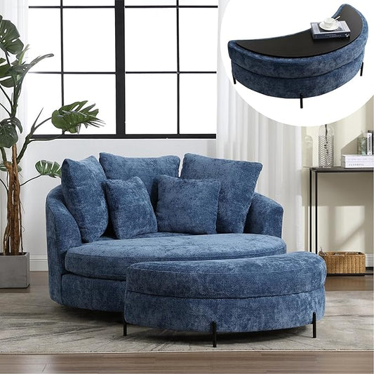 Chifee &amp Vingol 59.8 W Oversized Accent Barrel Chair Large Round Chair with Ottoman &amp Movable WheelsBlue