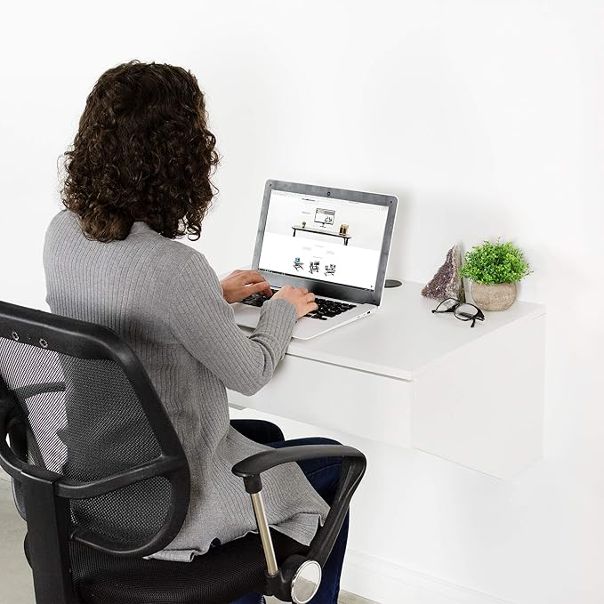VIVO White Wall Mounted Desk with 28 inch Surface and Pull Out Drawer Floating Wall Organizer Under Storage Workstation DESK-SF01W