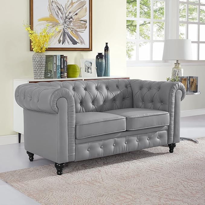 Naomi Home Emery Chesterfield Love Seat Loveseat Sofa &amp Accent Chair with Rolled Arms Tufted Cushions Solid Wooden Legs Deep Seating Comfy Bedroom Living Room Reading Chair/Tool-Free Assembly – G