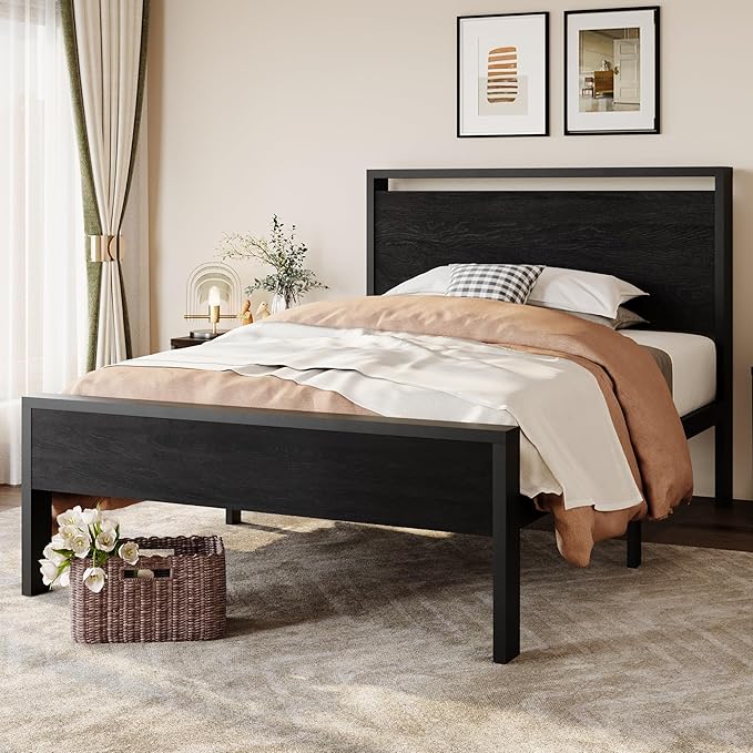 SHA CERLIN 14 Inch Twin Size Metal Platform Bed Frame with Wooden Headboard and Footboard Mattress Foundation No Box Spring Needed Large Under Bed Storage Heavy Duty Slats Support Black Oak
