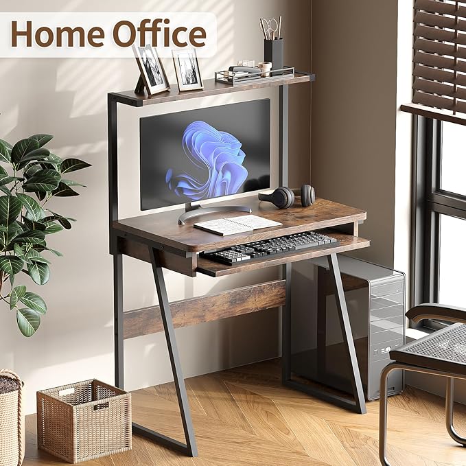 ALISENED 2 Tiers Small Computer Desk for Small Space Compact Laptop Table Workstation with Keyboard Tray. Study PC Table for Home Office Rustic Brown
