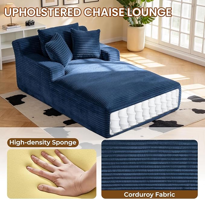 Avenix 79” Oversized Chaise Lounge Chairs Indoor Corduroy Boneless Chaise Lounges Chairs Indoor Deep Seat Big Comfy Reading Chair Cloud Sleeper Chair Sofa Couch Bed for Living Room Blue