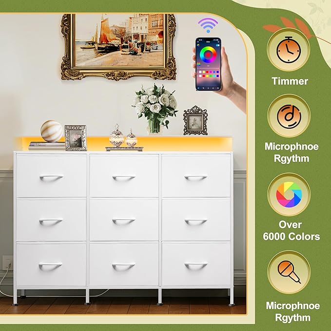 White TV Stand for 45 50 55 inch TV TV Media Console Table with LED Lights &amp Charging Station Entertainment Center with 9 Fabric Drawers and Open Shelves for Living Room Hallway