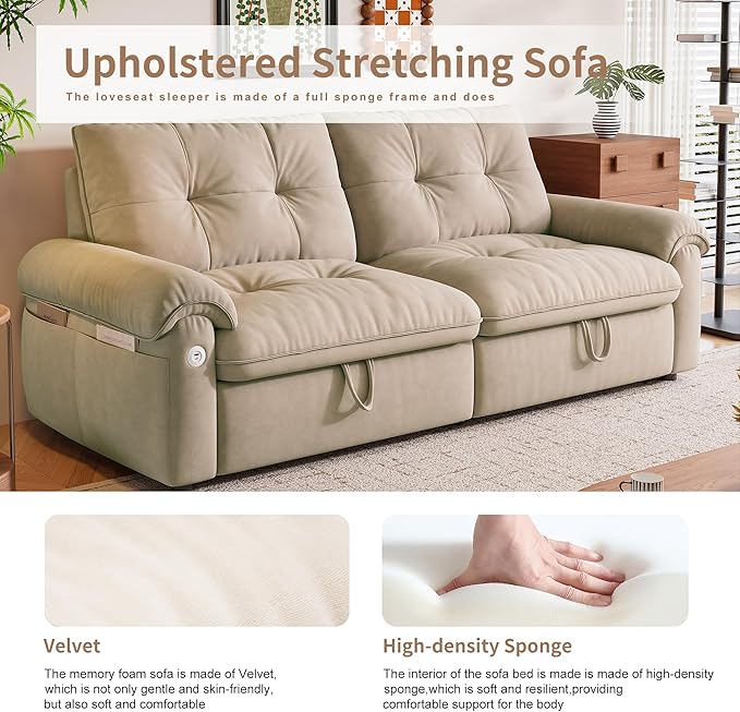 77 Queen Size Sofa Bed 2-in-1 Convertible Sleeper Sofa Bed with Adjustable Backrest Modern Velvet Couch with Side Pocket and USB Ports for Living Rooms Bedrooms Small Spaces (Brown 77.2inch)