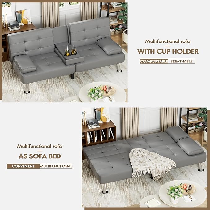 Homall Futon Sofa Bed Leather Futon Couch with Removable Armrests Adjustable Recliner Sleeper Sofa Bed with Dual Cup Holders for Living Room Apartment Office (Gray)