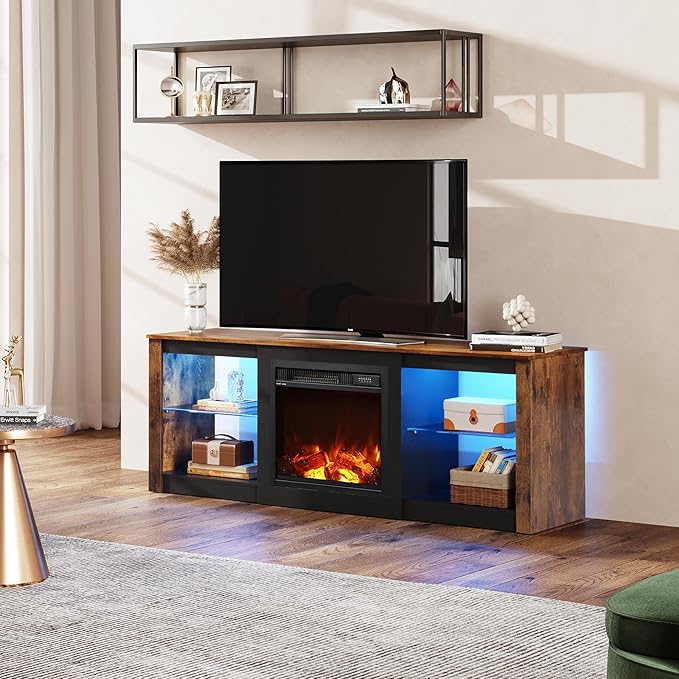 WLIVE Fireplace TV Stand for 65 Inch TV 58 Entertainment Center with Fireplace Modern TV Stands for Living Room Entertainment Center with Glass Shelves Rustic Brown