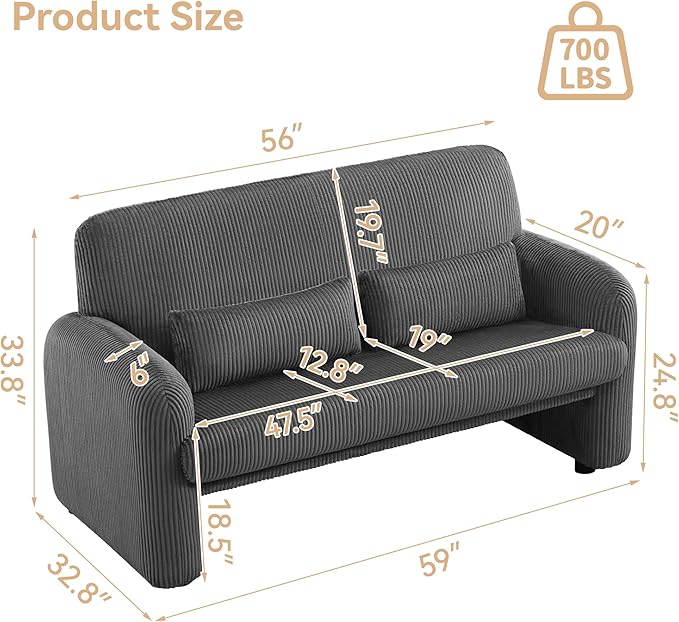 56'' Corduroy Loveseat Sofa 2 Seater Love Seat Couch for Small Space Comfy Upholstered Modern Leisure Loveseat Couches with Lumbar Pillows for Bedroom Office Living Room Grey