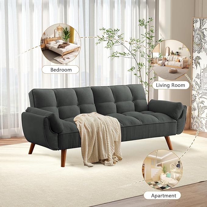 75 Convertible Futon Sofa Bed Sleeper Couch Bed with Adjustable Backrest Small Couches for Small Spaces Living Room Bedroom and Office (Dark Gray)