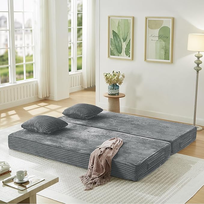 Antetek Modular Couch Bed Convertible Folding Plush Corduroy Comfy Floor Compression Loveseat Sleeper Sofa Couch King Size Bed for Guest Room Living Room Bedroom No Assembly Required Light Grey
