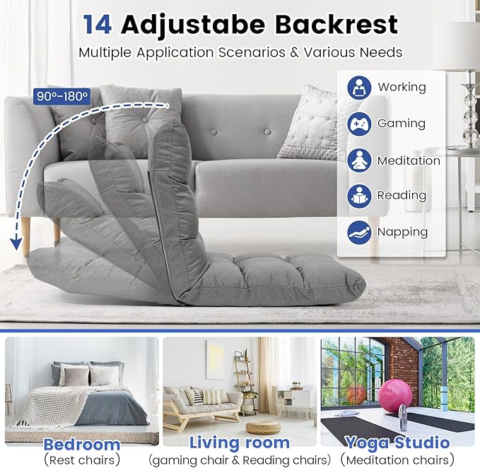 ERGOMASTER Floor Gaming Chair with Back Support 14 Adjustable Positions Folding Recliner Alloy Steel Frame High Resilience Sponge &amp Linen Fabric Couch Recliner for Playing Reading for Adults Kids