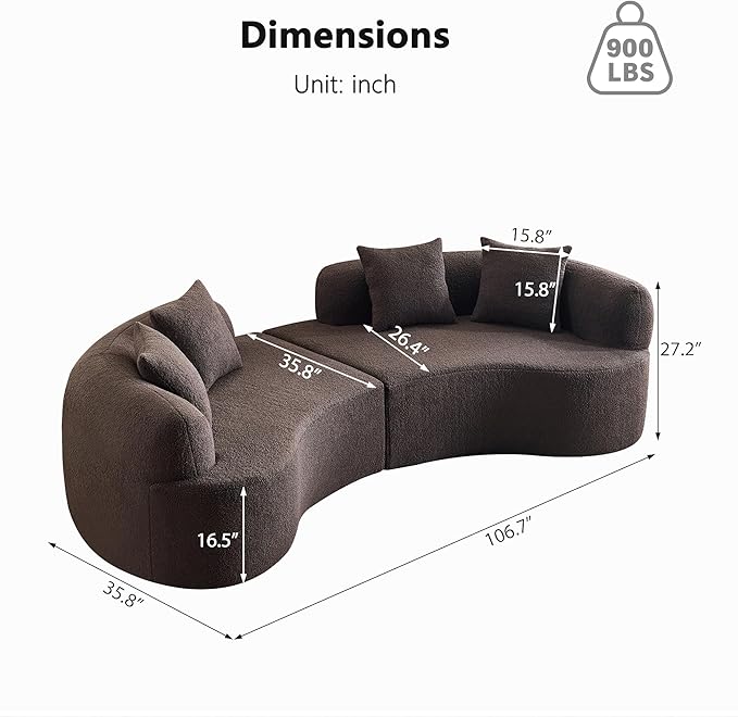 DEINPPA Curved Modular Sofa Couch with Pillows 4-Seater Teddy Cloud Couches for Living Room Apartment Office No Assembly Required-Brown