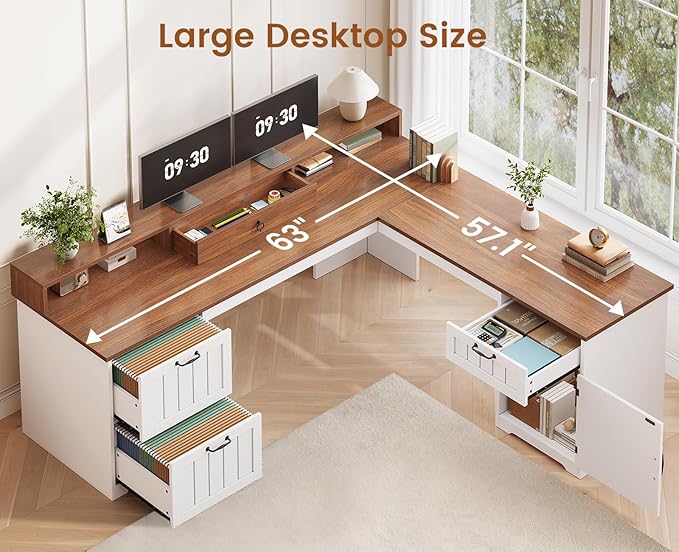 SEDETA Farmhouse L Shaped Desk with Drawers 63 Office Desk with File Drawers Wood Corner Computer Desk with Storage Home Office Desk with Monitor Stand and Storage Cabinet Brown and White